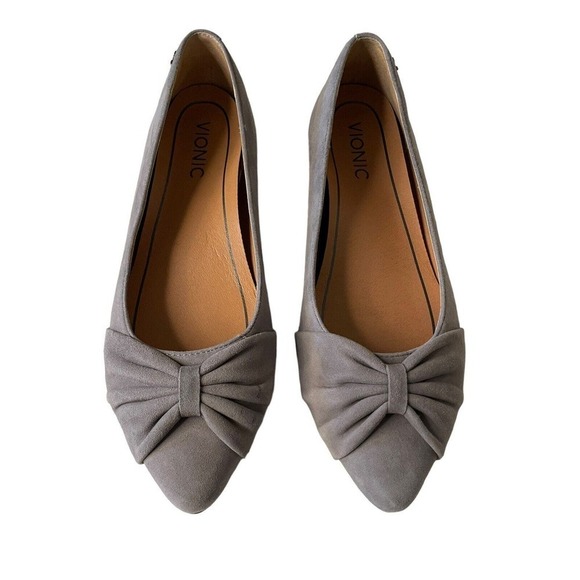 Vionic Gramercy Ballet Flat Size 7 Pointed Gray Suede Bow Slip On Shoes - Picture 2 of 7